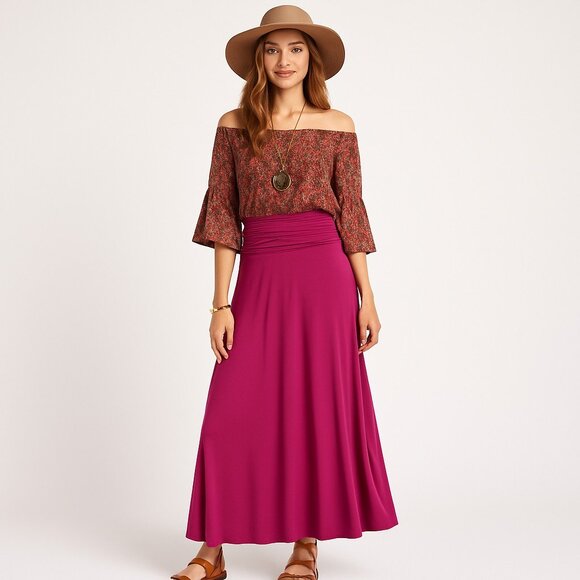 Curations Caravan Maxi Skirt Magenta Fold Over Waist Stretch L  Boho Gypsy Glam - Picture 1 of 6